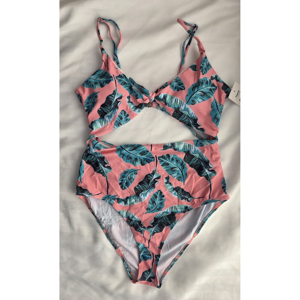 Cupshe Pink Tropical Leaf Print Cutout One Piece Swimsuit Monokini‎ Womens New L